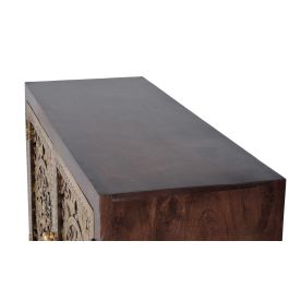 GINER Y COLOMER Commode en bois de manguier massif couleur noyer avec détails en bronze doré, meuble artisanal à finition unique