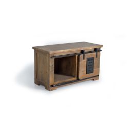 Giner y Colomer Mueble TV en acacia avec détails en métal naturel, buffet console avec portes coulissantes - finition noyer foncé