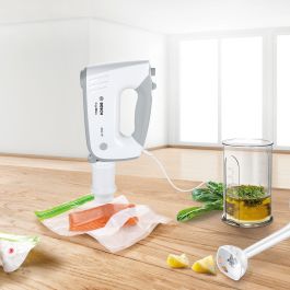 Bosch MFQ364V0 ErgoMixx - Batteur Mélangeur 3-en-1 avec Système de Mise sous Vide, 450 W, 5 Vitesses + Turbo, Accessoires Inox, Blanc/Gris