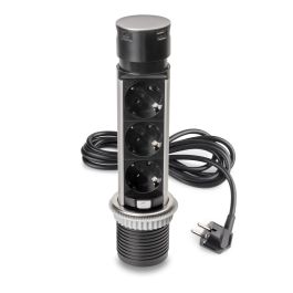 Emuca Multiconnecteur Vertikal Push 60, diamètre 60 mm, 3 prises de type Schuko, 1 USB de type A, 1 USB de type C, Acier et plastique, Acier inoxydable