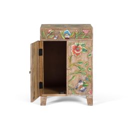 GINER Y COLOMER - Buffet console en bois de manguier avec design floral peint à main, finition vieillie, tiroir et 2 portes, dimensions détaillées