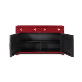 Buffet japonais en bois de manguier et MDF rouge laqué avec finition usée et ferrures dorées - 150x40x90 cm