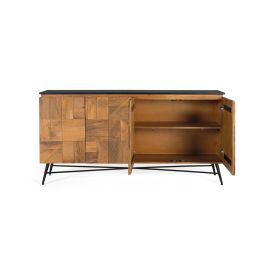Buffet en Bois de Mango avec Dessus Noir, 4 Portes, Finition Naturelle, Structure Métallique, Design Moderne - 170 cm