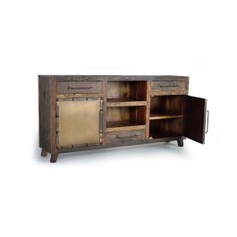 GINER Y COLOMER Buffet en Bois Récupéré et Métal, 3 Tiroirs 2 Portes, Dimensions 180 x 90 x 40 cm, Capacité 0,84 m³, Finition Naturelle et Oxydée, Mueble Artesanal Unique