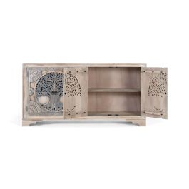 GINER Y COLOMER - Buffet en bois de manguier avec 4 portes décorées à la main, motifs sculptés Arbre de Vie, finition naturelle et bleue, intérieur avec étagères