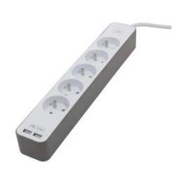 Multiprise CHACON 5 prises 16A avec 2 ports USB, câble 1,5m HO5VV-F 3x1.5mm², blanc et marron