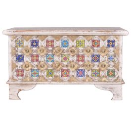 GINER Y COLOMER - Coffre de rangement en bois de manguier massif avec détails en céramique et bronze, finition blanc vieilli - 80 x 40 x 45 cm