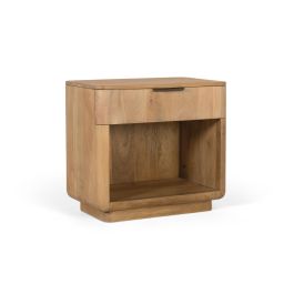 GINER Y COLOMER - Table de chevet en bois de manguier naturel, design minimaliste à coins arrondis, avec tiroir à glissières métalliques et espace de rangement ouvert