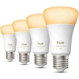 Philips Hue - Pack de 4 ampoules LED connectées A60 - Blanc chaud 2700K - E27 6W - 810 lumens - Contrôle par application