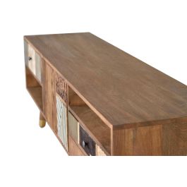 GINER Y COLOMER Meuble TV 160x50x40 cm en bois de mamelonnier couleur noyer clair avec 3 tiroirs et 2 portes, finitions bronze et cuir - 35 kg