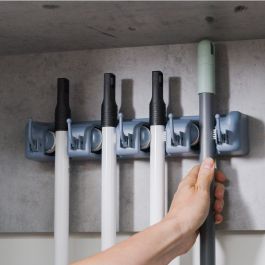 Emuca Porte balay et Porte Mops, avec 5 crochets et 4 trous, Plastique, Gris