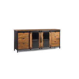 GINER Y COLOMER - Buffet industriel en bois de manguier et métal noir, 2 portes coulissantes, 6 tiroirs, 190x80x40 cm, couleur naturel et noir