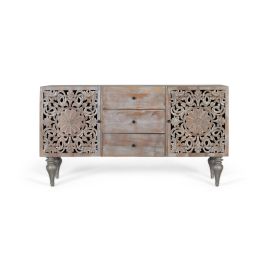 GINER Y COLOMER - Buffet en bois de manguier gris décapé avec deux portes latérales sculptées à la main et trois tiroirs, meuble vintage avec pieds tournés Precio: 1031.988. SKU: B1FFPRWWAE