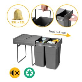 Emuca bac de tri sélectif a montage inférieur et extraction manuelle pour élément de cuisine Recycle, 2x25litres, Plastique gris antracite
