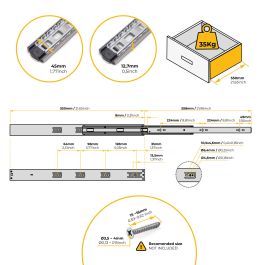 Emuca Jeu de coulisses à billes pour tiroirs à sortie totale, fermeture amortie, hauteur45mm, longueur 550mm, Acier, Zingué