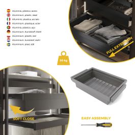 Emuca Kit panier métallique et rack ajustable Quartz pour armoires, glissières extension totale et à fermeture douce, Module 80cm, Finition Titane
