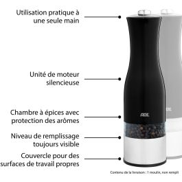 Ade Moutarde Électrique Salée & Poivrée, Acier Inoxydable/Plastique, 22,5 cm, Noir - Inclus 6 Piles AAA