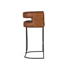 GINER Y COLOMER Tabouret en cuir naturel cognac avec structure métallique noire curviligne - Hauteur 101 cm, largeur 60 cm