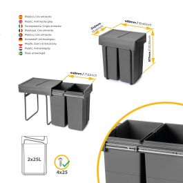 Emuca bac de tri sélectif a montage inférieur et extraction manuelle pour élément de cuisine Recycle, 2x25litres, Plastique gris antracite