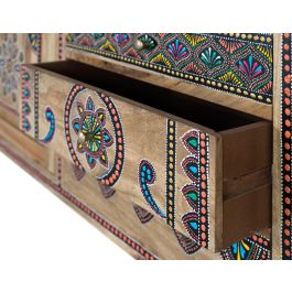 Giner y Colomer - Meuble TV en bois de manguier massif 150 cm, fabriqué à la main avec 3 tiroirs et 2 portes, finition naturelle et détails peints à la main