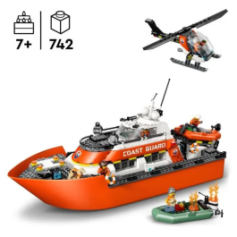 Lego 60504 - LEGO City Bateau de Sauvetage et Hélicoptère des Garde-Côtes, Jouet avec 5 Figurines, Chien et Canots, Dès 7 ans