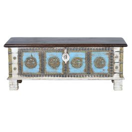 GINER Y COLOMER Buffet en bois de manguier blanc vieilli et cerisier avec détails bleus et bronze - 116 x 40 x 45 cm, grande capacité