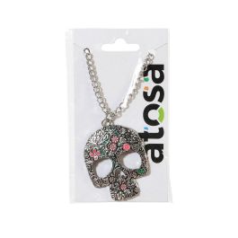 Collar Calavera Plateada avec Pierres Rouges pour Fête des Morts Mexicaine - Accessoire de Mode Symbolique Halloween