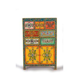 Giner y Colomer Commode 7 tiroirs et 2 portes en MDF et bois de mango peint à la main multicolore - 122 x 80 x 40 cm