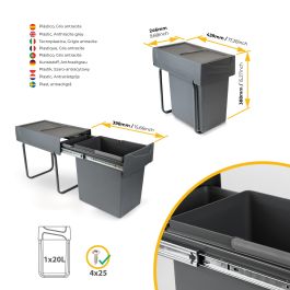 Emuca bac de tri sélectif a montage inférieur et extraction manuelle pour élément de cuisine Recycle, 1x20 litres, Plastique gris anthracite