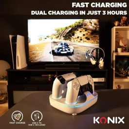 Konix Station de Recharge pour 2 Manettes DualSense PS5 - Charge Rapide en 3h - Connecteurs Magnétiques - Éclairage RGB - Blanc
