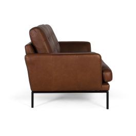 Giner y Colomer - Canapé 3 places en cuir véritable, style vintage avec capitonnage et pieds en métal bronze - Marron (L200 x P90 x H83 cm)