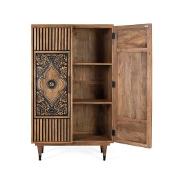 GINER Y COLOMER - Buffet haut en bois de manguier couleur noisette, portes sculptées mandala noir, étagère intérieure, pates tournées métal, dimensions 128x45 cm