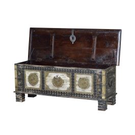 GINER Y COLOMER - Coffre de rangement en bois de manguier massif avec détails en bronze, finition noir vieilli et cerise, 46x116x40 cm