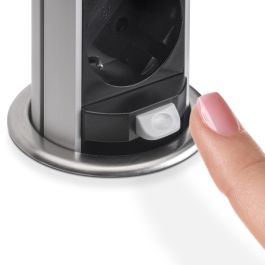 Emuca Multiconnecteur Vertikal Push 60, diamètre 60 mm, 3 prises de type Schuko, 1 USB de type A, 1 USB de type C, Acier et plastique, Acier inoxydable