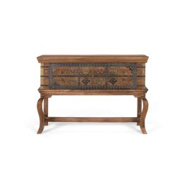 GINER Y COLOMER Console Antique en Bois de Manguier Naturel avec Décor en Laiton Repoussé et Pieds Courbes - 34x106x34cm (intérieur) Precio: 923.988. SKU: B18JPASTMB