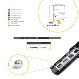 Emuca Lot de 5 jeux de Coulisses pour tiroirs, roulement à billes, hauteur 45mm, profondeur 500mm, sortie totale, Noir