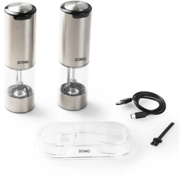 DOMO Moulin à Poivre et Sel Électriques USB avec LED et Réglage de Mouture, Ensemble de 2 (96 ml) - Transparent et Argenté
