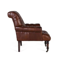 GINER Y COLOMER - Fauteuil en cuir véritable marron avec capitonnage, dossier haut et accoudoirs, pattes en bois et roulettes - 99x92x94 cm