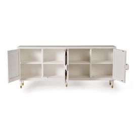 GINER Y COLOMER Buffet en Mango avec 4 Portes Sculptées, Finition Blanc Lavé et Pieds Détail Bronze - 190 x 80 x 40 cm