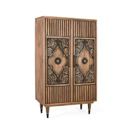 GINER Y COLOMER - Buffet haut en bois de manguier couleur noisette, portes sculptées mandala noir, étagère intérieure, pates tournées métal, dimensions 128x45 cm