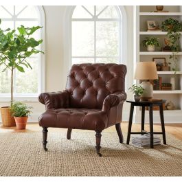 GINER Y COLOMER - Fauteuil en cuir véritable marron avec capitonnage, dossier haut et accoudoirs, pattes en bois et roulettes - 99x92x94 cm