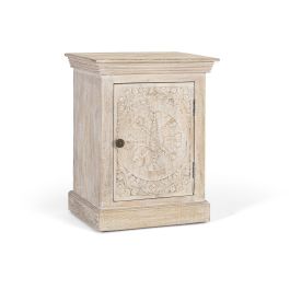 GINER Y COLOMER Table de Chevet en Bois de Mango Acajou, Finition Sable avec Porte Sculptée à la Main, Tiroir et Poignée Noire