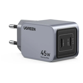 Ugreen Chargeur Secteur 45W, GaN 2 Ports USB-C, Gris, Recharge Rapide PD, Compatible Smartphone, Tablette, Ordinateur Portable, Design Compact et Sécurisé