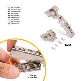 Emuca Lot de 20 charnières droites X91N avec embases à visser, Hauteur 0, Acier, Nickelé