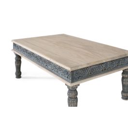 GINER Y COLOMER Table basse rectangulaire artisanale en bois de manguier avec base en fer forgé, finition blanc lavé et détails bleus sculptés à la main