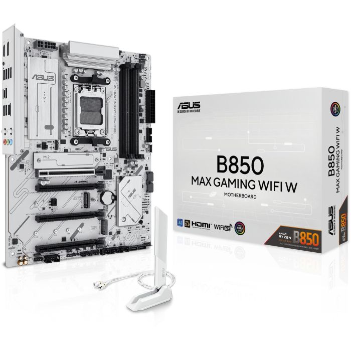 ASUS Carte Mère B850 MAX GAMING WiFi W ATX AMD AM5 DDR5 pour Processeurs Ryzen 7000/8000/9000, Wifi 6E, Bluetooth 5.3, Blanc