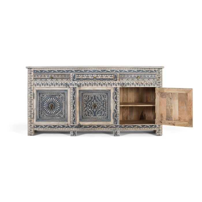 GINER Y COLOMER Buffet blanc et bleu avec 3 tiroirs et 4 portes en bois de manguier massif, finition lavée, artisanat sculpté, dimensions: 50 cm de large 1