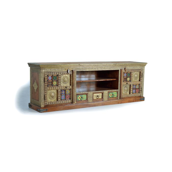 GINER Y COLOMER Meuble TV en acacia massif couleur cerise avec détails en azulejos et bronze, 2 portes, 3 tiroirs - 60 x 180 x 40 cm 1