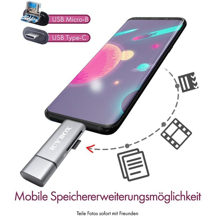 ICY BOX IB-CR200-C Lecteur de cartes SD et MicroSD USB 2.0 - Noir, Aluminium, 480 Mbit/s, Plug & Play