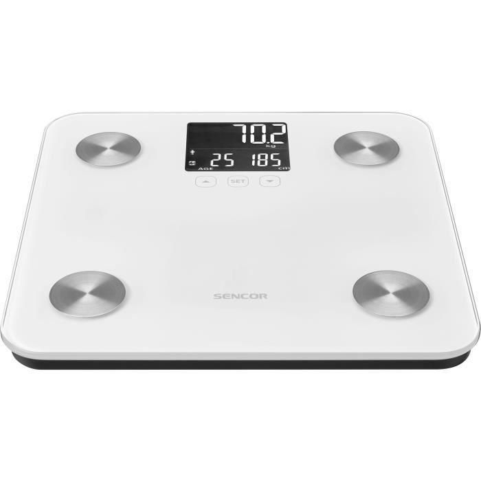 Sencor SBS 6025WH - Balance Pèse-Personne Connectée - Ecran LCD - Analyse Graisse, Eau, Muscle, IMC - Mémoire 12 Utilisateurs - Capacité 180 kg - Blanc
